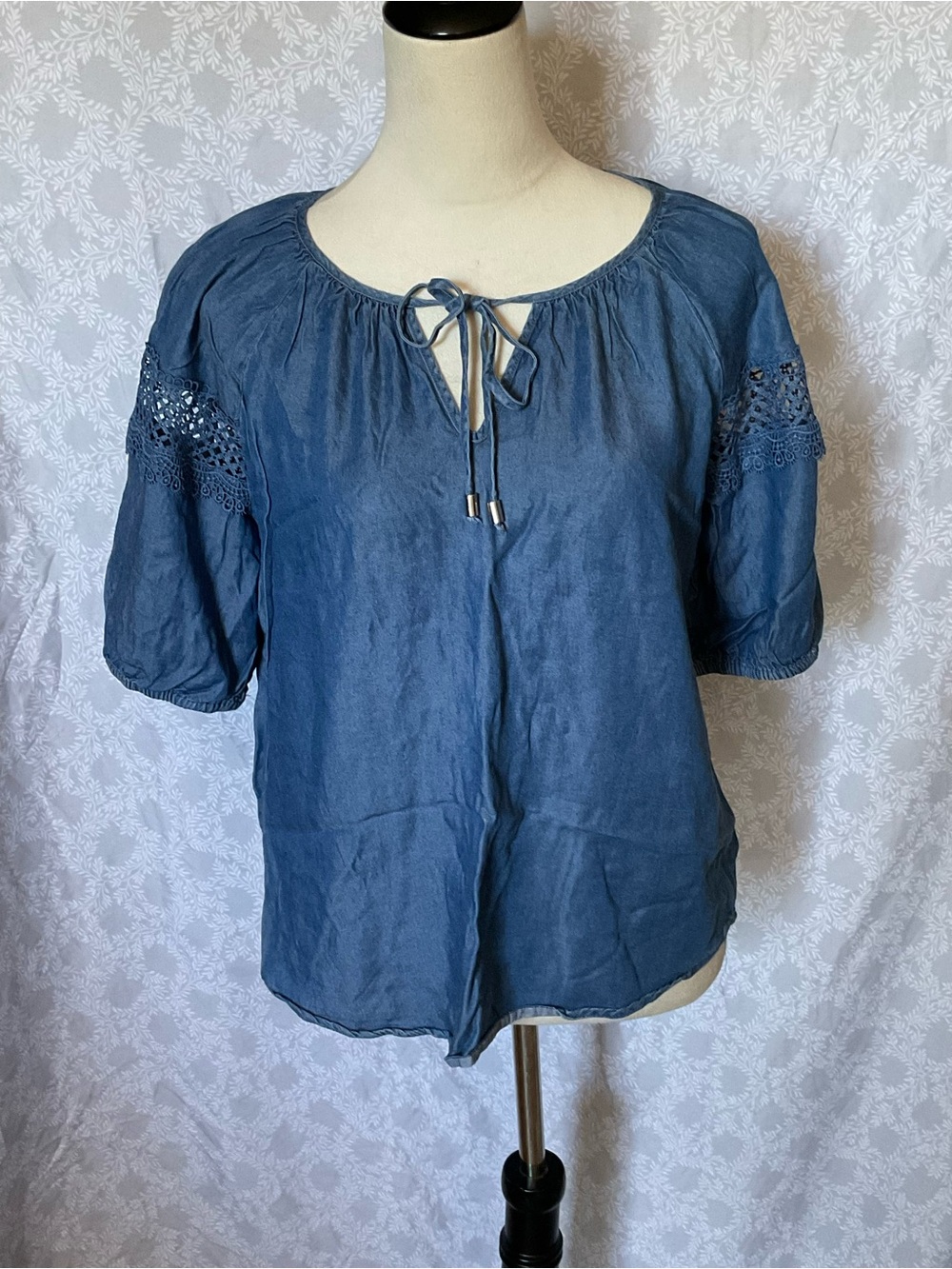 Robert Louis Indigo Tie-Neck Peasant Blouse